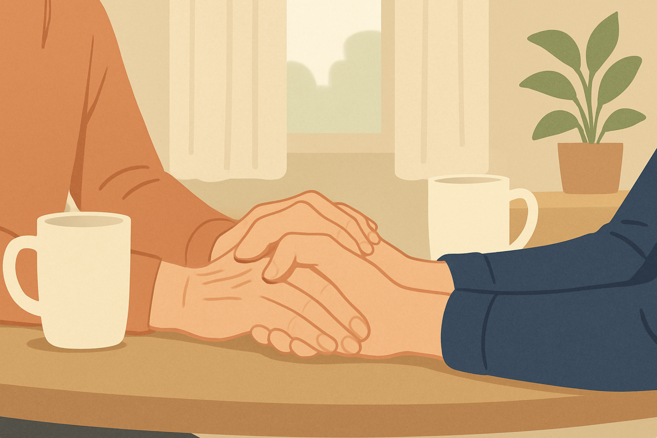 Adult child holding aging parent’s hand in support while discussing how to talk to aging parents about help at home.