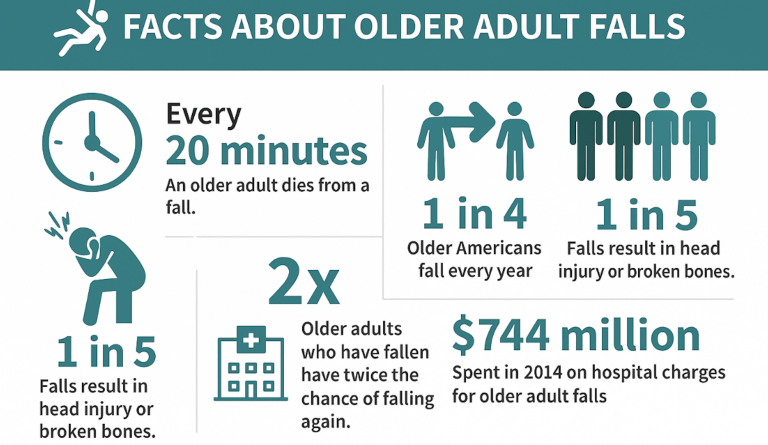 Infographic on fall prevention for seniors showing statistics: every 20 minutes an older adult dies from a fall, 1 in 4 older Americans fall annually, 1 in 5 falls cause head injuries or broken bones, older adults who have fallen are twice as likely to fall again, and $744 million was spent on hospital costs for falls in 2014.